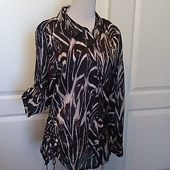 CALVIN KLEIN BLOUSE TOP RUCHED SIDES BUTTON UP SLEEVE ANIMAL PRINT - Picture 2 of 10